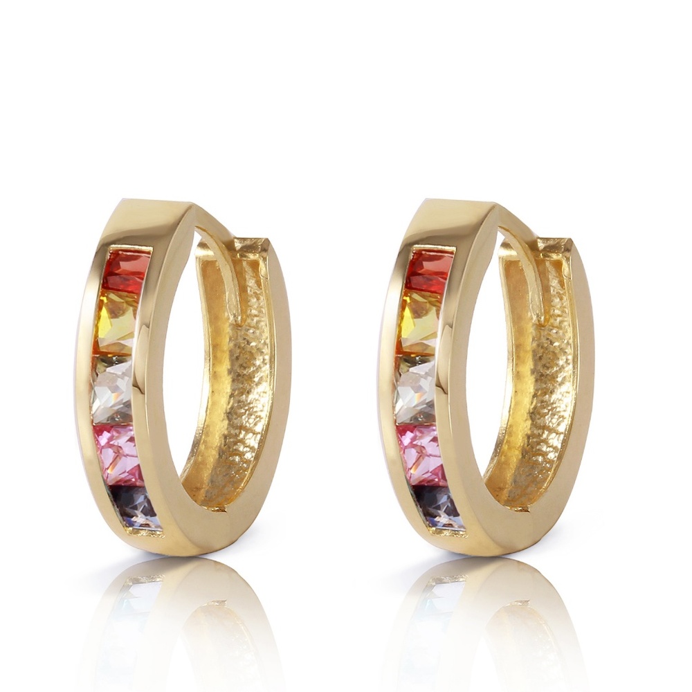 14K. GOLD HOOP EARRING WITH MULTI COLORS SAPPHIRES - Picture 3 of 6